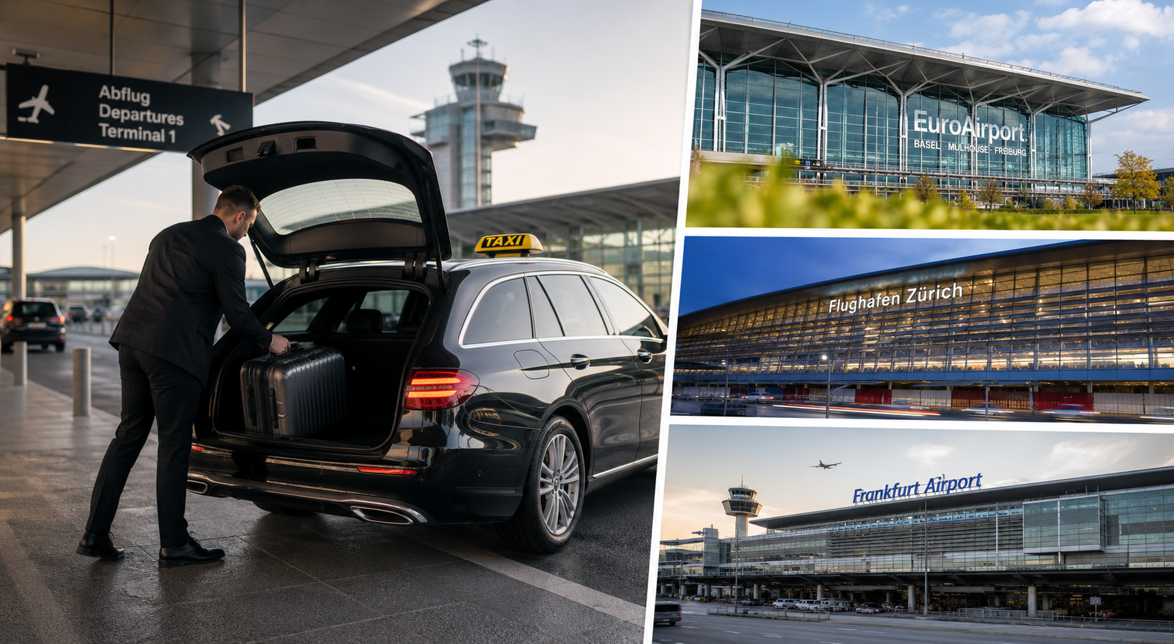 Impressionen vom Flughafentransfer: Gepäckservice und die Zielflughäfen EuroAirport Basel-Mulhouse-Freiburg, Zürich und Frankfurt