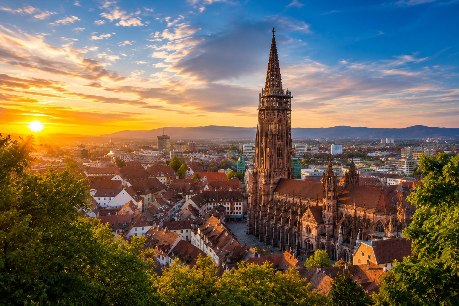 Freiburg Skyline bei Sonnenuntergang