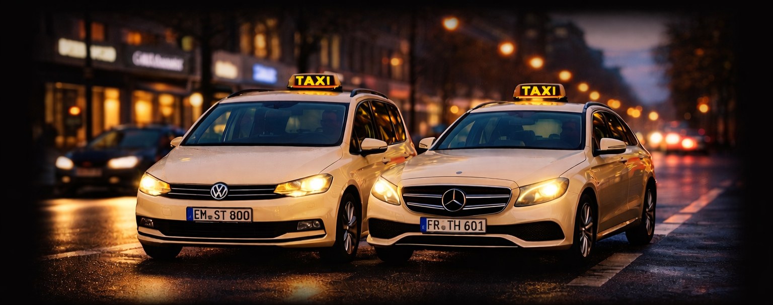 Taxi Stern und Taxi Hercher Fahrzeuge nebeneinander in der Freiburger Innenstadt bei Nacht