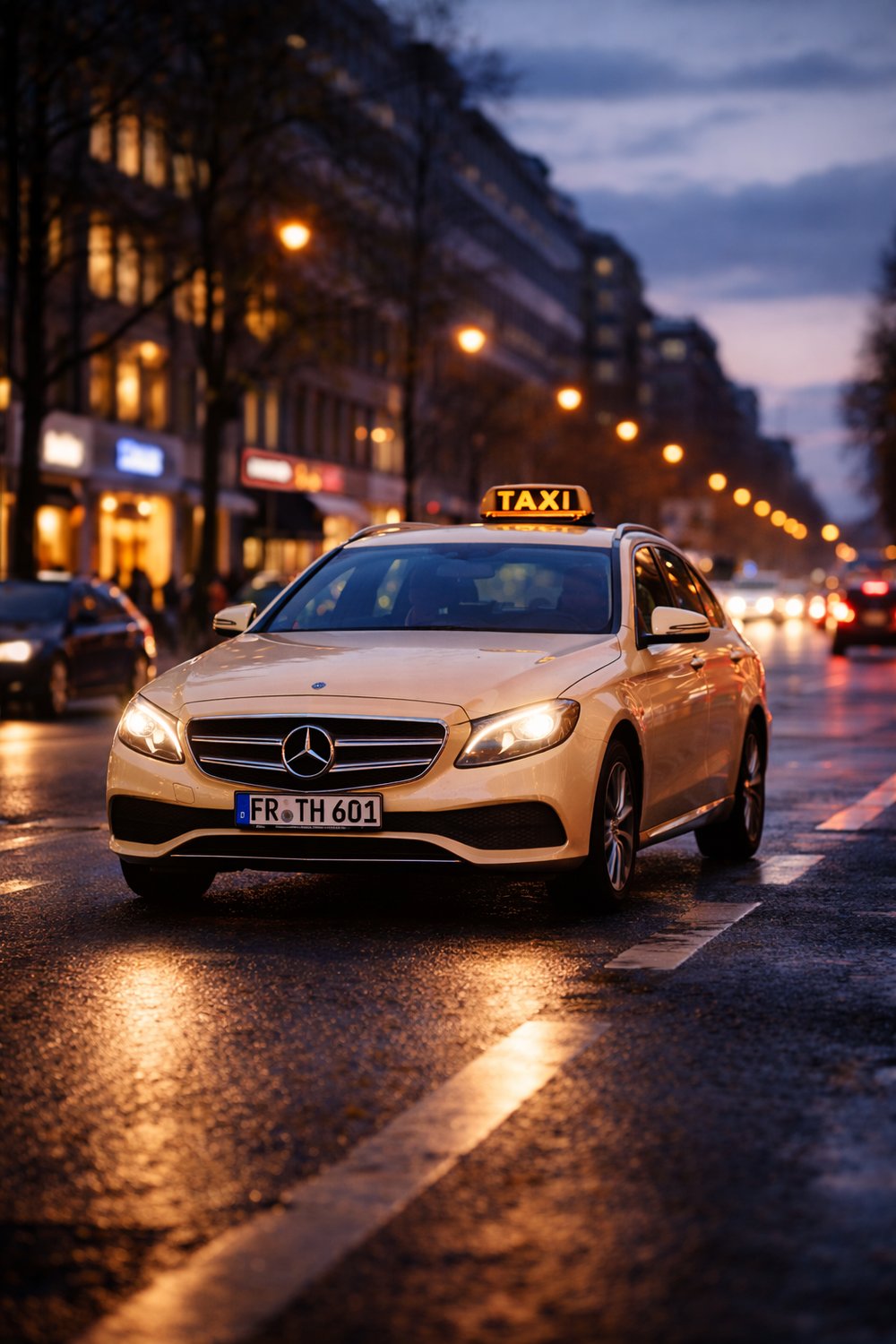Taxi Hercher Fahrzeug in Freiburg bei Nacht